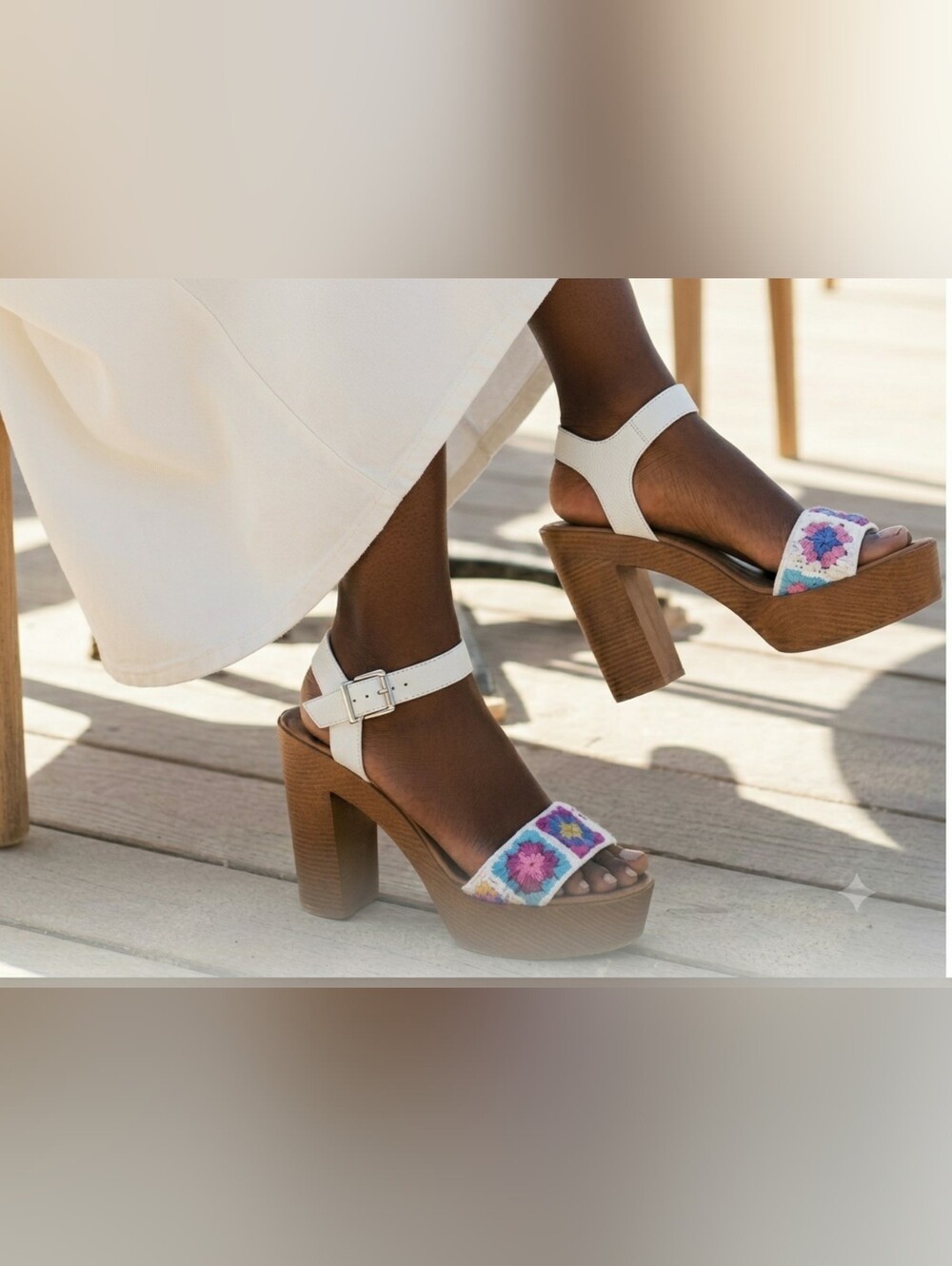 Retro Chunky Platform Sandals Boho 9 Granny Square Flower Groove New